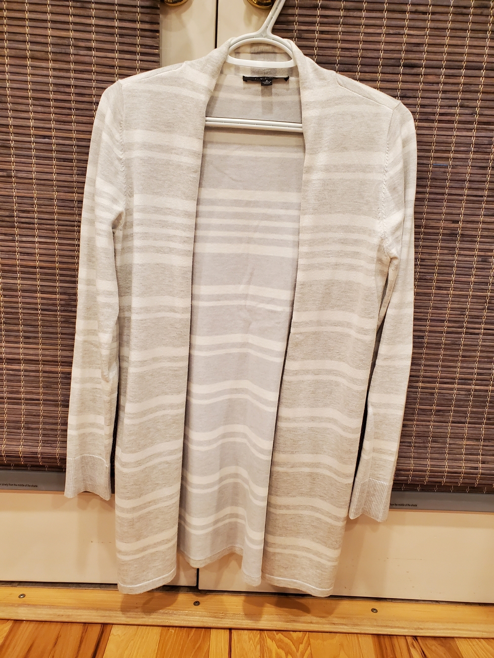 Cyrus Light Gray and White Striped Open-Front Cardigan
